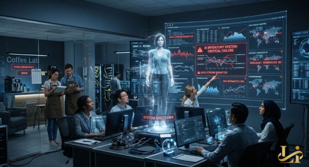 A control room team monitors screens showing “AI INVENTORY SYSTEM: CRITICAL FAILURE”. A holographic figure labeled “AURA 7.0 - RETIRED” fades as staff assess shutdown alerts