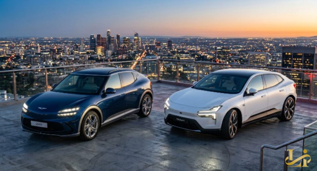 Modern glass office with two white 2027 Polestar 4 Luxury EVs on display, holographic pricing charts floating over a table.
