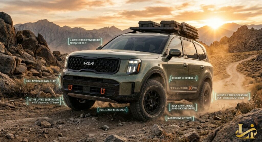 Olive-green X-Pro SUV climbs a rocky trail at sunset with roof rack and orange tow hooks visible. HUD callouts show e-AWD hybrid, 400hp, lifted suspension, and rock-crawl mode specs.
