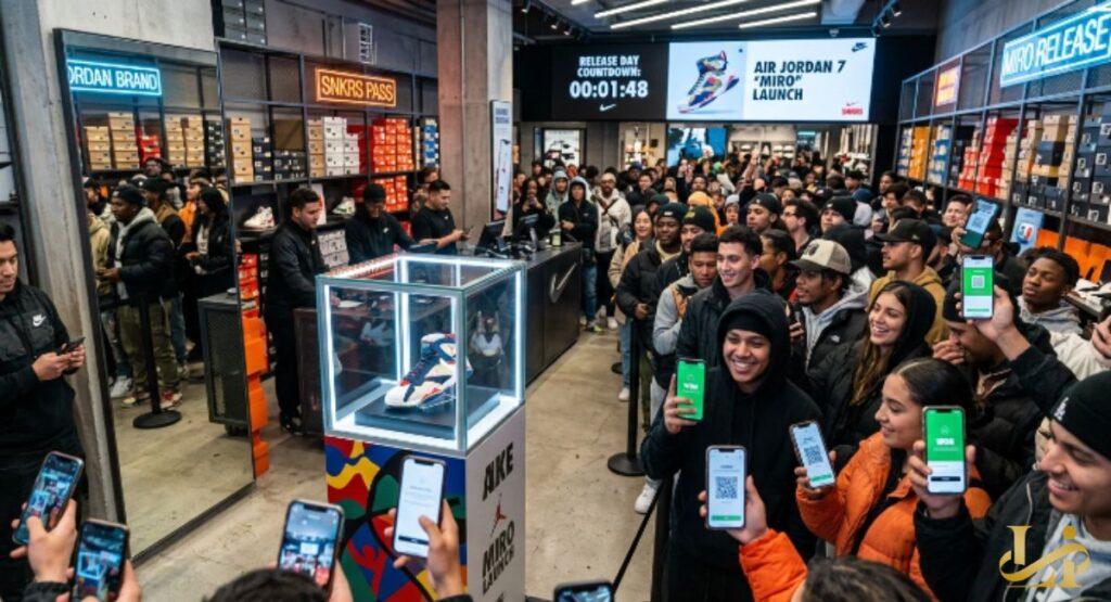Crowded sneaker store with fans holding up phones showing raffle QR codes around a glass display case. A countdown clock reads 00:01:48 above the shoe as staff manage the launch event.