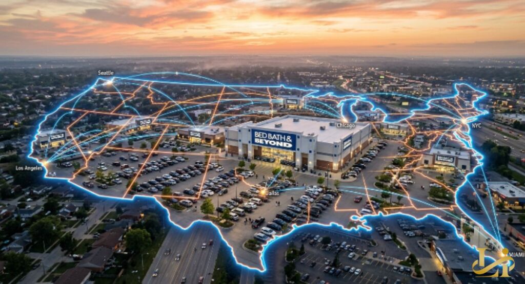 An aerial view shows a Bed Bath & Beyond store at the center of a glowing U.S. map with connecting blue and orange lines. Cities like Seattle, Chicago, Dallas, NYC, and Miami are marked along the illuminated retail network.