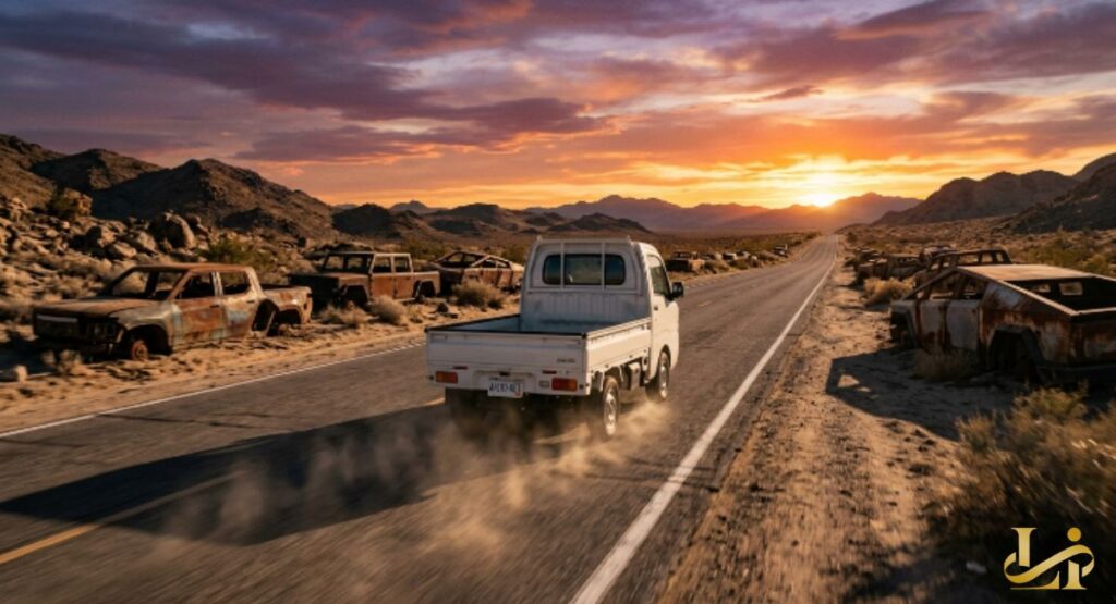 White compact pickup drives into a desert sunset past rusted, abandoned trucks on both roadside shoulders. Dramatic orange sky and mountains frame the symbolic journey through past failures.
