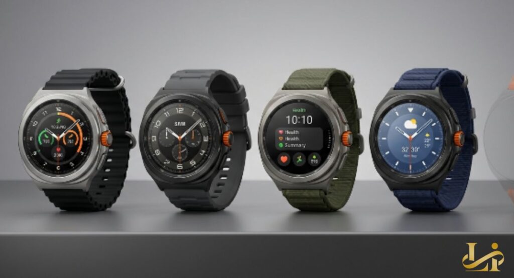 Four smartwatches in silver, black, titanium, and blue are lined up with black, gray, green, and blue straps. Each shows a different watch face against a neutral gray studio background.