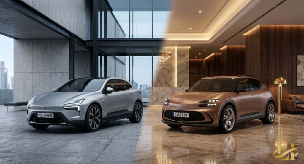 Split composition shows a silver coupe-SUV in a concrete loft and a bronze EV in a marble hotel lobby. Industrial architecture meets warm hospitality design to frame each brand’s luxury identity.