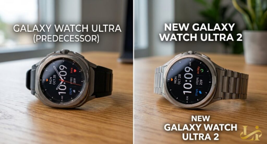 Side-by-side comparison shows the predecessor with a black sport band and the new Galaxy Watch Ultra 2 on a titanium link band. Both watches sit on a wooden table with a plant in the background.