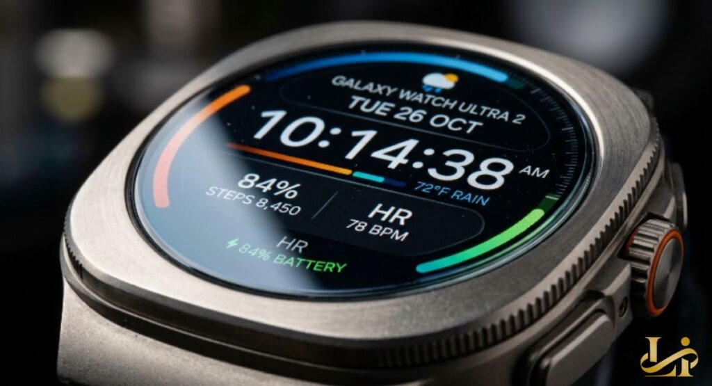 Close-up of a smartwatch face shows 10:14 AM, weather, steps, and heart rate on a vibrant AMOLED screen. The brushed titanium case and orange crown button are visible with water droplets on the display.