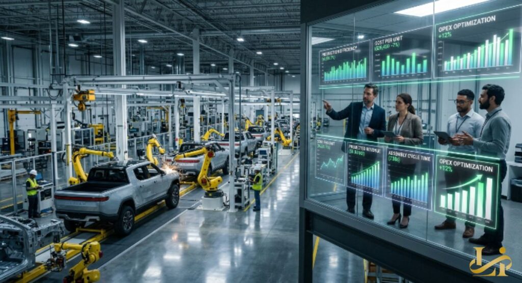Executives point to holographic charts showing cost per unit and OPEX optimization in a glass office above an EV factory. Robotic arms assemble silver trucks on the production line below.