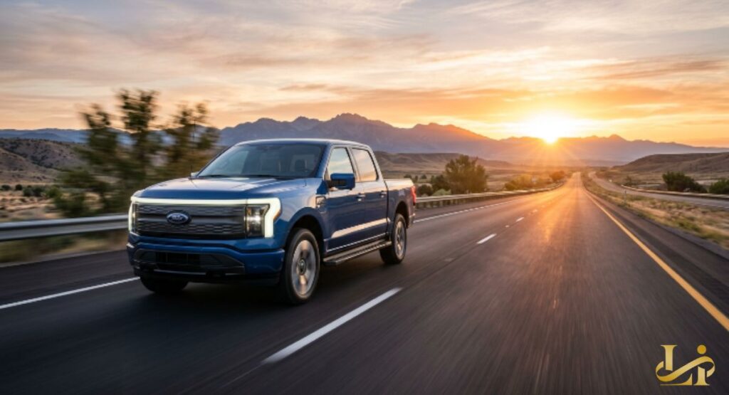 A blue electric F-150 Lightning drives into the sunrise on a desert highway with mountains in the distance. The LED light bar glows across the grille as motion blur emphasizes speed and a clear road ahead.