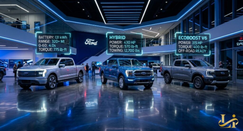 Three Ford trucks are displayed in a modern two-story showroom with holographic spec panels above each one. Models include an all-electric, hybrid, and EcoBoost V6 under dramatic blue ceiling lighting.