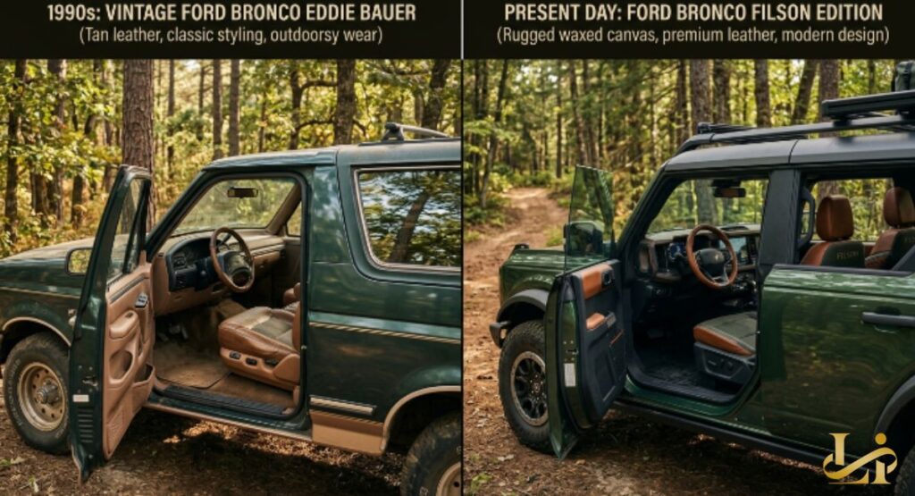 A side-by-side shows a 1990s Eddie Bauer Bronco with tan leather next to a modern Filson Edition Bronco with waxed canvas. Both green SUVs have doors open on forest trails to highlight interior materials and trim.