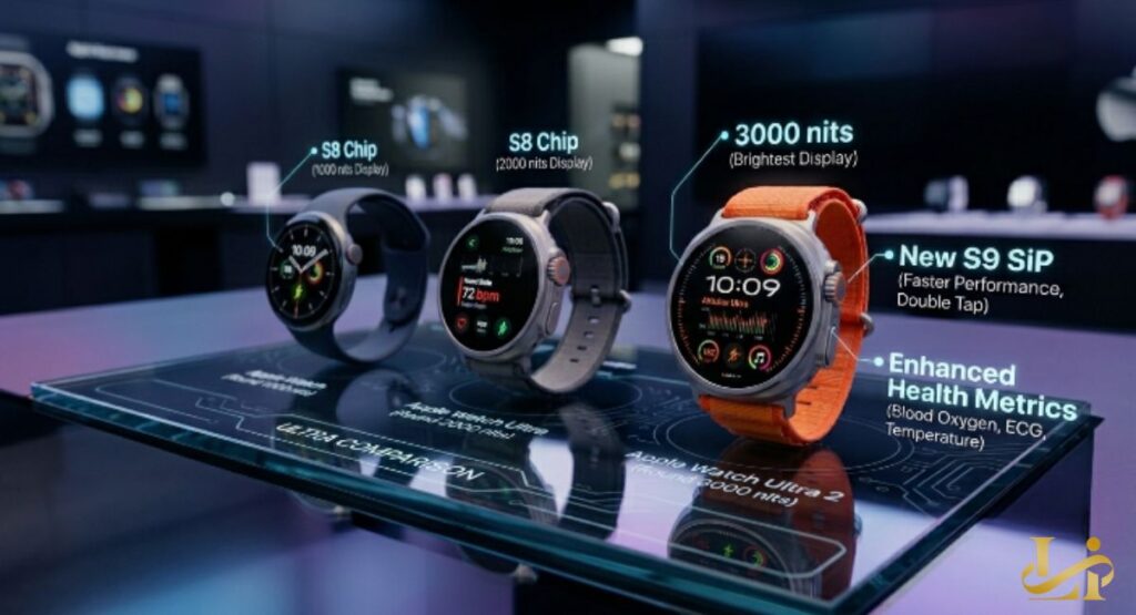 Three smartwatches sit on a glass display with callouts comparing S8 chips, 3000 nits brightness, and new S9 SiP. The rightmost watch with an orange band shows enhanced health metrics and double tap support.