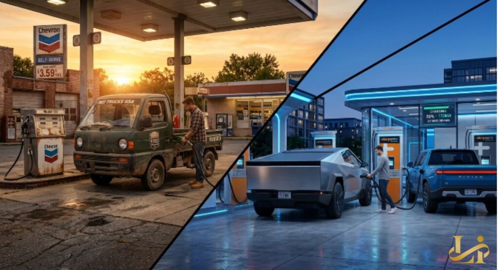 Split image contrasts a gas-powered compact truck fueling at a sunset Chevron station with EV trucks charging. Left side shows vintage pumps and warm light, right side shows sleek blue-lit charging bays.