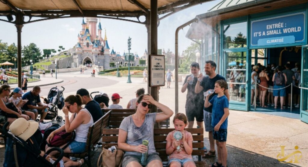 Hydration stations and “Restez Hydratés” signs are set up on Main Street as Disneyland Paris posts “Temporarily Closed” at Peter Pan’s Flight. Staff in yellow vests assist guests while the castle stands under a clear, hot sky.