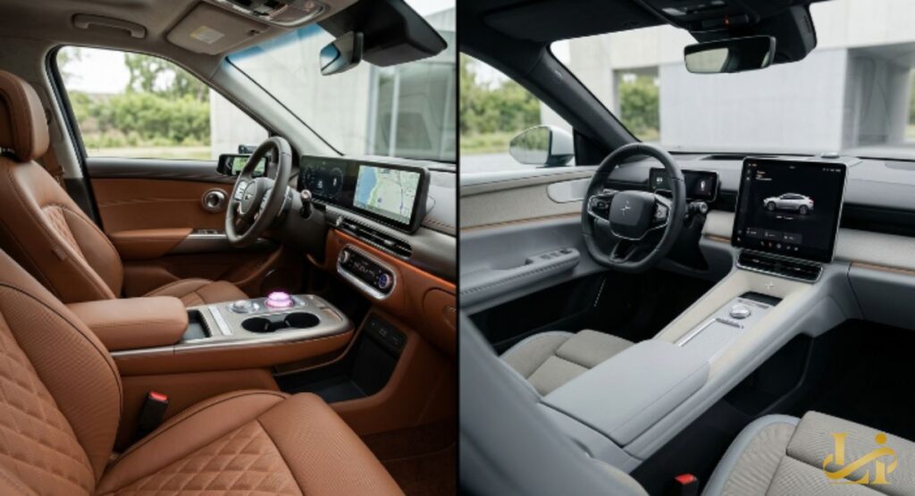 Split view compares two EV cabins: tan quilted leather with dual screens versus minimalist gray interior. Left shows crystal sphere shifter and wood trim; right shows portrait touchscreen and textile surfaces.