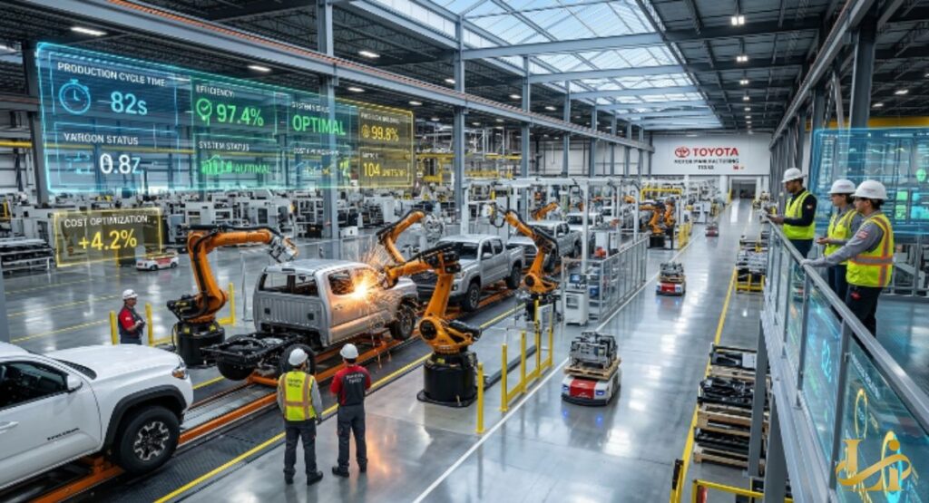High-tech Texas plant interior displays real-time metrics for efficiency and cost optimization. Engineers observe robotic arms assembling truck frames on an advanced production line.