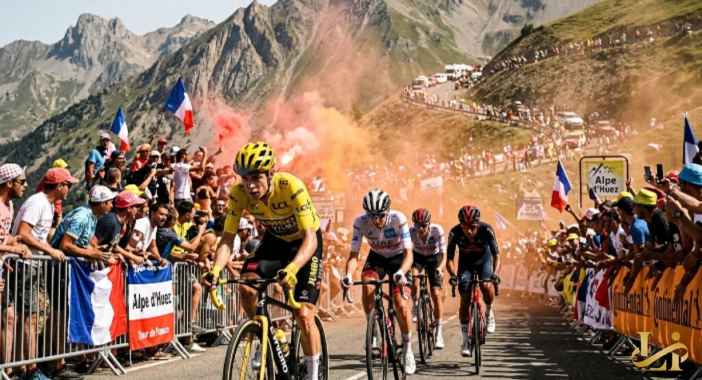 The race leader in yellow attacks on the Alpe d’Huez climb as orange smoke fills the air for the Tour de France. Crowds wave French flags and banners while rivals chase through the mountain switchbacks.