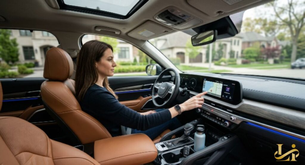 Woman in driver’s seat taps a wide touchscreen in a cabin with tan quilted leather and wood trim. Panoramic sunroof and blue ambient lighting accent the upscale interior in a suburban setting.