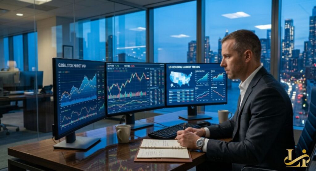 A financial analyst reviews multiple screens displaying global stock market data and U.S. housing market trends. Candlestick charts and regional heat maps fill the monitors in a high-rise office at dusk.