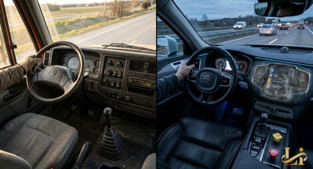 Split interior view compares a manual, analog truck cabin with a high-tech luxury SUV dashboard. Left side shows basic gauges and a stick shift, right side shows a large touchscreen and ambient lighting.