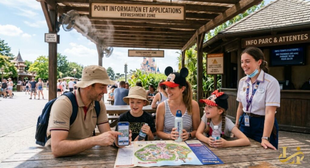 A family checks a paper map and phone app at a “Refreshment Zone” with a cast member smiling nearby. Fans, misters, and water bottles cover the picnic table under the information booth.