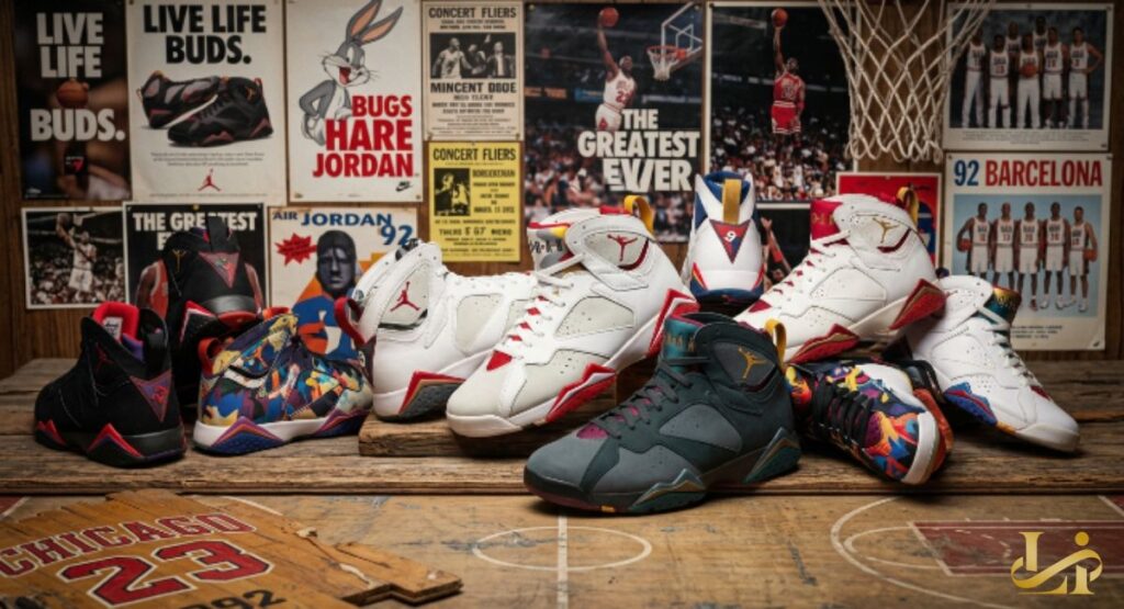 Multiple Air Jordan 7 colorways arranged on a vintage basketball court with retro posters on the wall. Bugs Bunny, Barcelona ’92, and Chicago 23 references frame the collection of notable pairs.