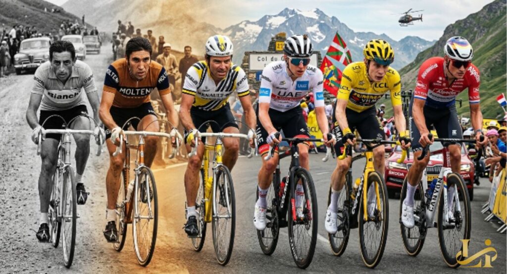 A visual timeline blends black-and-white legends on vintage steel bikes with modern stars in aero kits. Riders span from Fausto Coppi’s era to today’s contenders on an Alpine pass.