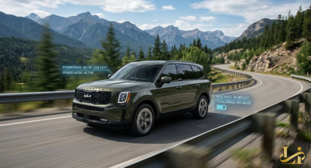 Green SUV drives a winding mountain road with HUD overlays showing 261 HP and 38 MPG est. Motion blur and alpine peaks emphasize efficiency and performance in hybrid mode.