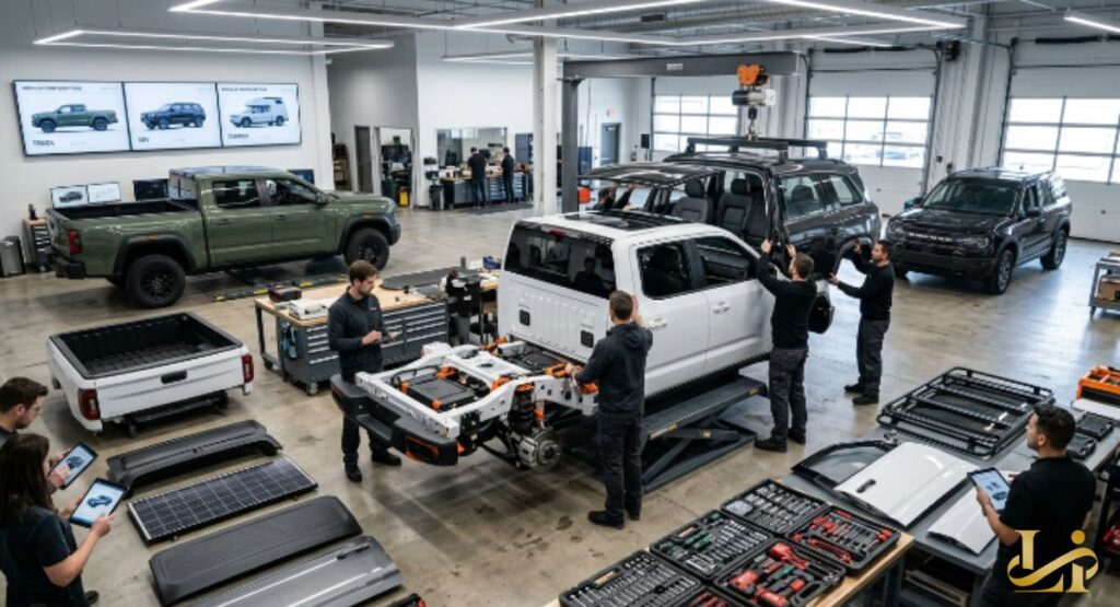 Technicians assemble a white electric truck from modular components as Slate Auto displays truck, SUV, and camper configs on screens. Solar panels, roof racks, and body panels are staged around the build area.