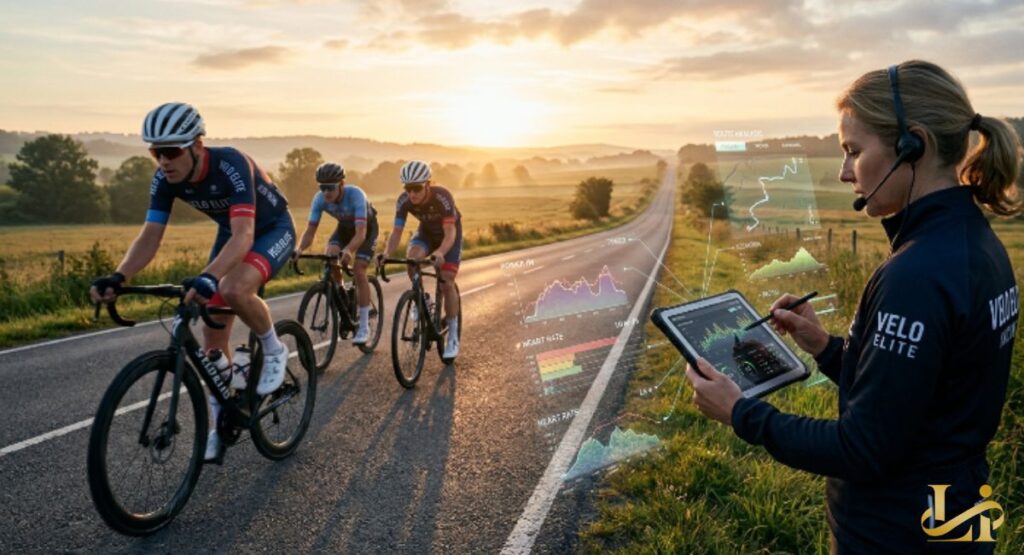 A coach with a headset analyzes performance data on a tablet while three riders train at sunrise. Holographic graphs for power, heart rate, and route elevation float above the rural road.