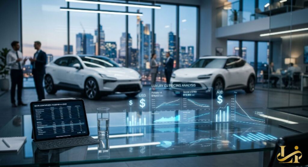 Modern glass office with two white luxury EVs on display, holographic pricing charts floating over a conference table.
Businesspeople discuss strategy with a city skyline visible through floor-to-ceiling windows at dusk.