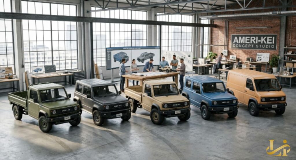 Five compact vehicles, including pickups, SUVs, and a van, line up in a bright concept design studio. Designers review blueprints at a table beneath an “AMERI-KEI CONCEPT STUDIO” wall sign.