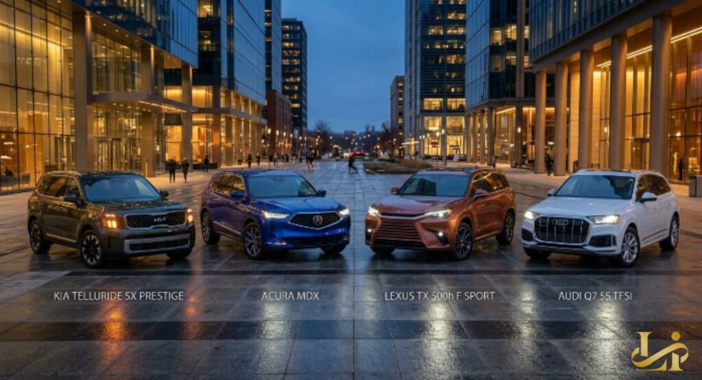 Four premium 3-row SUVs lined up in a lit city plaza at dusk: green, blue, copper, and white models. Glass towers reflect on wet pavement as nameplates compare Telluride SX Prestige to luxury rivals.
