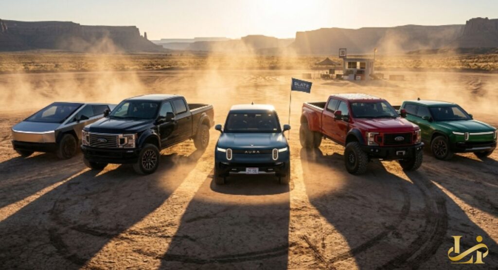 Five electric trucks from different brands line up in the desert at sunrise with dust and long shadows. A small blue truck with an “AURA” badge sits center with a flag marking its position.