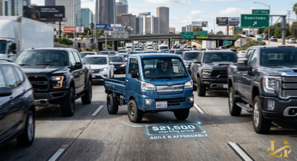 Blue $21,500 Ameri-Kei Pickup navigates busy freeway traffic between full-size trucks, downtown visible ahead. A digital overlay under the vehicle displays “$21,500 starting price” and “AGILE & AFFORDABLE”.
