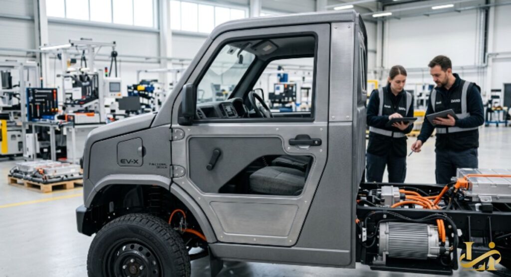 Two engineers in safety vests review tablet data beside a stripped electric truck chassis in a bright factory. Exposed orange HV cables and battery modules are visible under the cab structure.