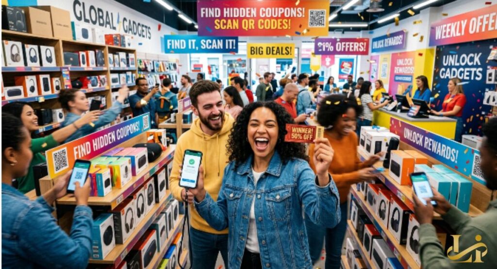 Shoppers celebrate in a crowded electronics store as a woman holds up a “Winner! 50% OFF” coupon with excitement. Bright banners and QR codes promote hidden deals and weekly offers throughout the aisles.