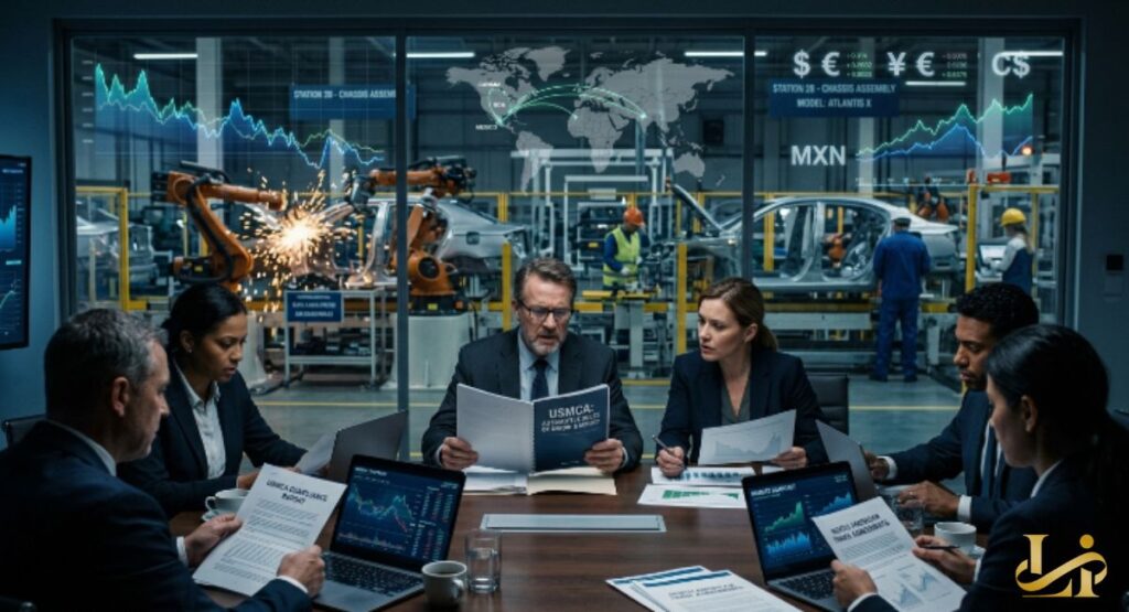 Executives in a boardroom review USMCA documents with factory robotics visible through glass walls. Screens display currency exchange rates and trade route maps between countries.Executives in a boardroom review USMCA documents with factory robotics visible through glass walls. Screens display currency exchange rates and trade route maps between countries.