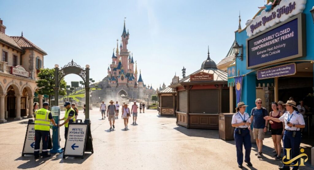 Hydration stations and “Restez Hydratés” signs are set up on Main Street as Disneyland Paris posts “Temporarily Closed” at Peter Pan’s Flight. Staff in yellow vests assist guests while the castle stands under a clear, hot sky.