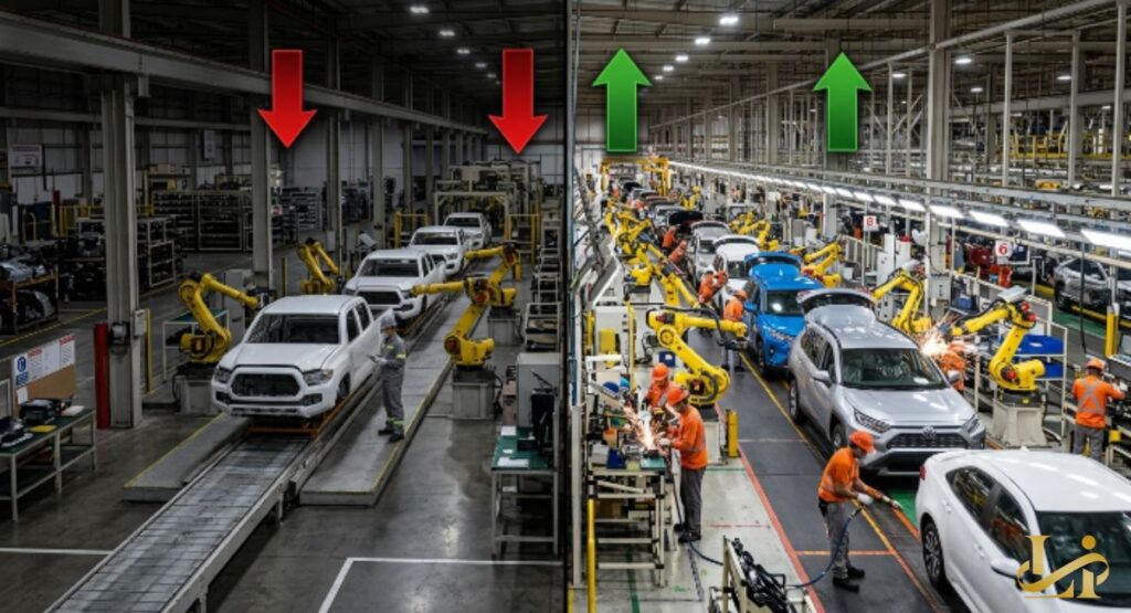 Split-screen factory interior compares two assembly lines with red down arrows and green up arrows. Left side shows reduced truck production while right side shows increased SUV manufacturing.