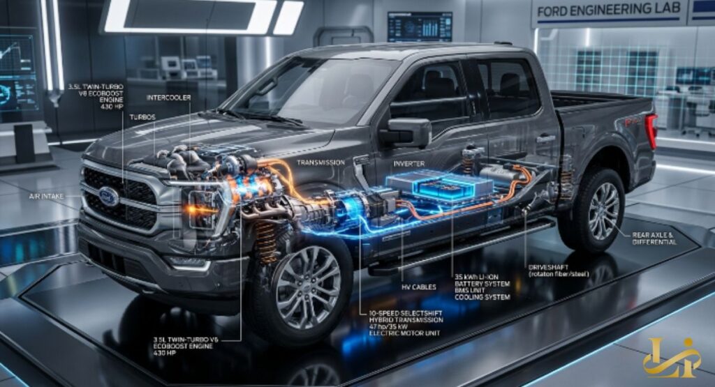 A cutaway Ford F-150 in a lab reveals hybrid components, with blue energy lines tracing the electric motor like cyclists in the Tour de France peloton. Labels point to the 3.5L EcoBoost V6, inverter, battery pack, and HV cables.