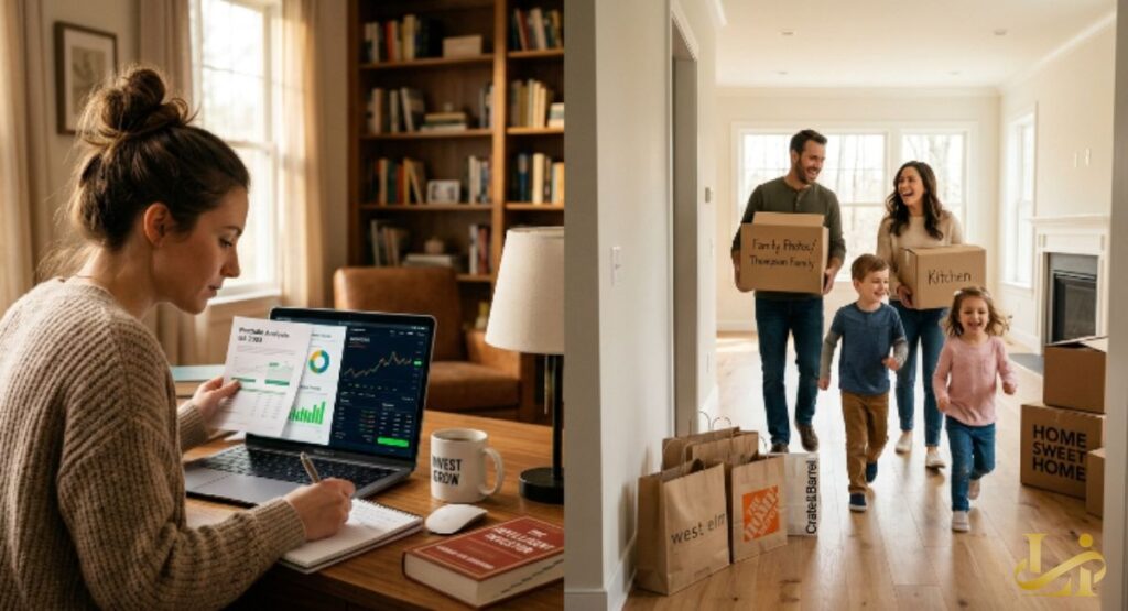 A split scene shows a woman analyzing investment charts on a laptop on the left, and a family moving into a new home on the right. Shopping bags from various retailers sit beside moving boxes in a bright, sunlit entryway.