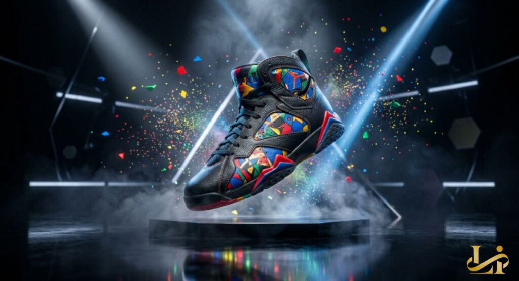 Black Air Jordan 7 with multicolor panels hovers over a platform under dramatic blue spotlights. Confetti-like fragments and fog surround the shoe for a high-energy reveal moment.