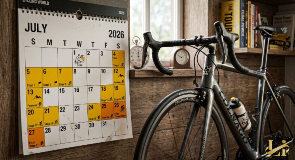 A July 2026 wall calendar hangs next to a carbon road bike, with race days highlighted in yellow and orange. Cycling books and a stopwatch sit on a wooden shelf beside the window.