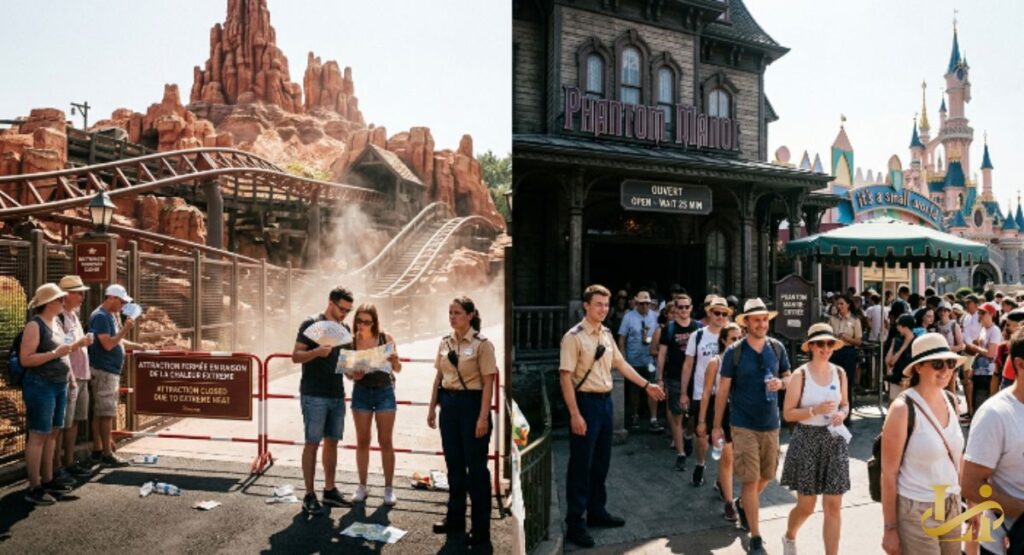 Left: Guests read a “Closed Due to Extreme Heat” sign in front of Big Thunder Mountain with dust in the air. Right: A long line forms at Phantom Manor as staff direct guests near the “it’s a small world” facade.