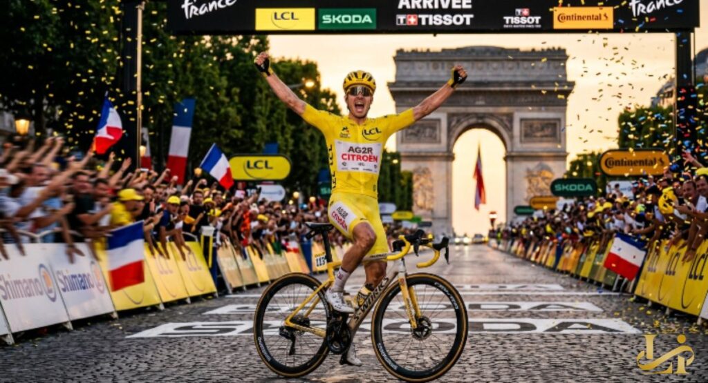 A cyclist in the yellow jersey raises both arms crossing the finish line at sunset with the Arc de Triomphe ahead. Confetti and French flags fill the Champs-Élysées as the crowd cheers the final victory.