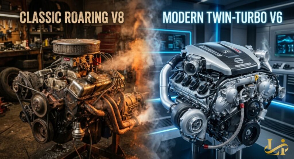 A split image shows a rusty classic V8 engine in a dim garage next to a clean twin-turbo V6 as Ford Drops V8 from premium trims.
Smoke and warm light contrast with cool blue lab lighting and digital displays behind each motor.