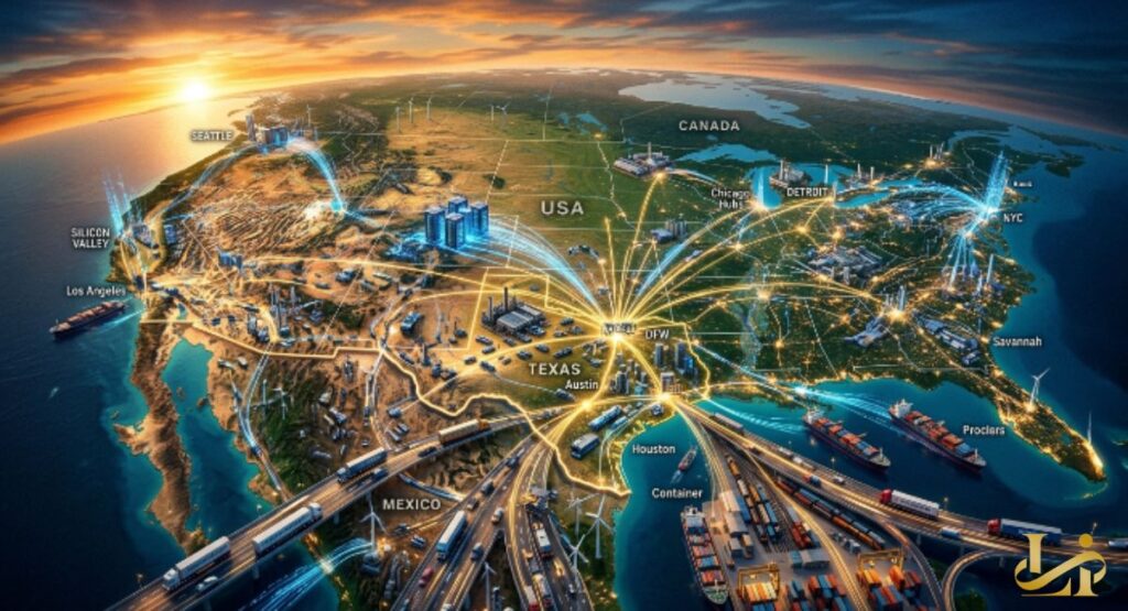 3D map of North America highlights Texas as a logistics hub with glowing transport routes. Connections radiate to major US cities, ports, and cross-border links into Mexico.