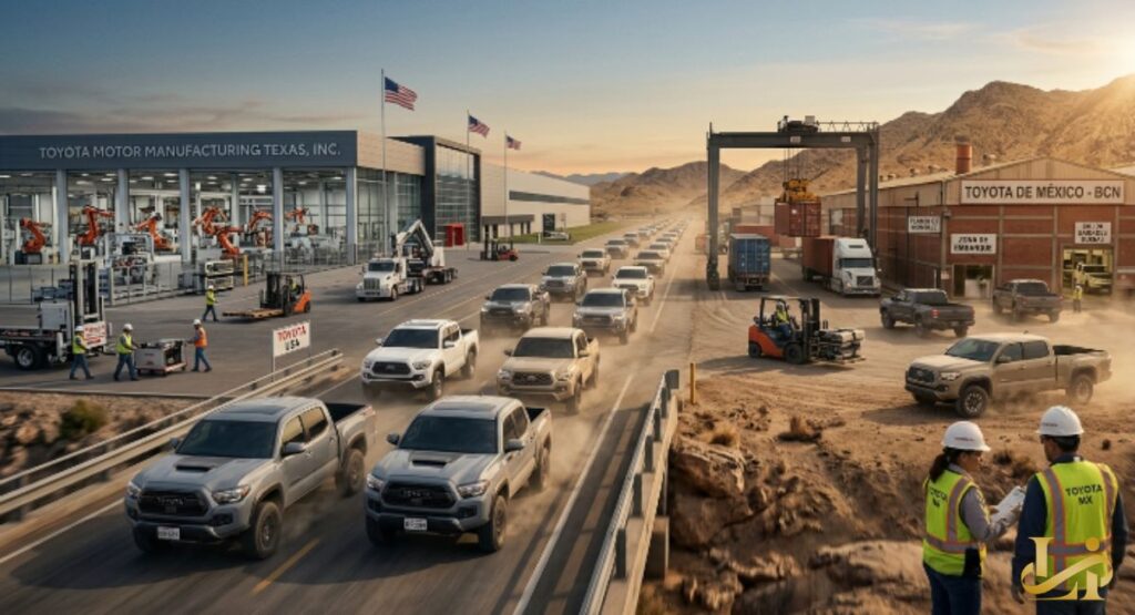Split scene shows pickup trucks driving from a Mexico plant toward a Texas manufacturing facility. Workers in hard hats oversee the transition between both automotive sites.
