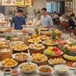 1-for-1-buffets - A crowded and lavish buffet line in a modern restaurant or hotel dining hall. A long table is filled with a vast array of food, including fresh fruits like pineapple and melon, pastries, dim sum in bamboo steamers, various cooked dishes, and a live cooking station with a chef. Customers are smiling and serving themselves from the extensive selection, which highlights a variety of cuisines.