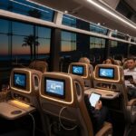 The interior of a modern, luxury bus at dusk, with passengers relaxing in spacious, leather seats. Each seat has a personal entertainment screen, power outlets, and a side table. Large windows offer a view of a sunset over palm trees and the ocean.